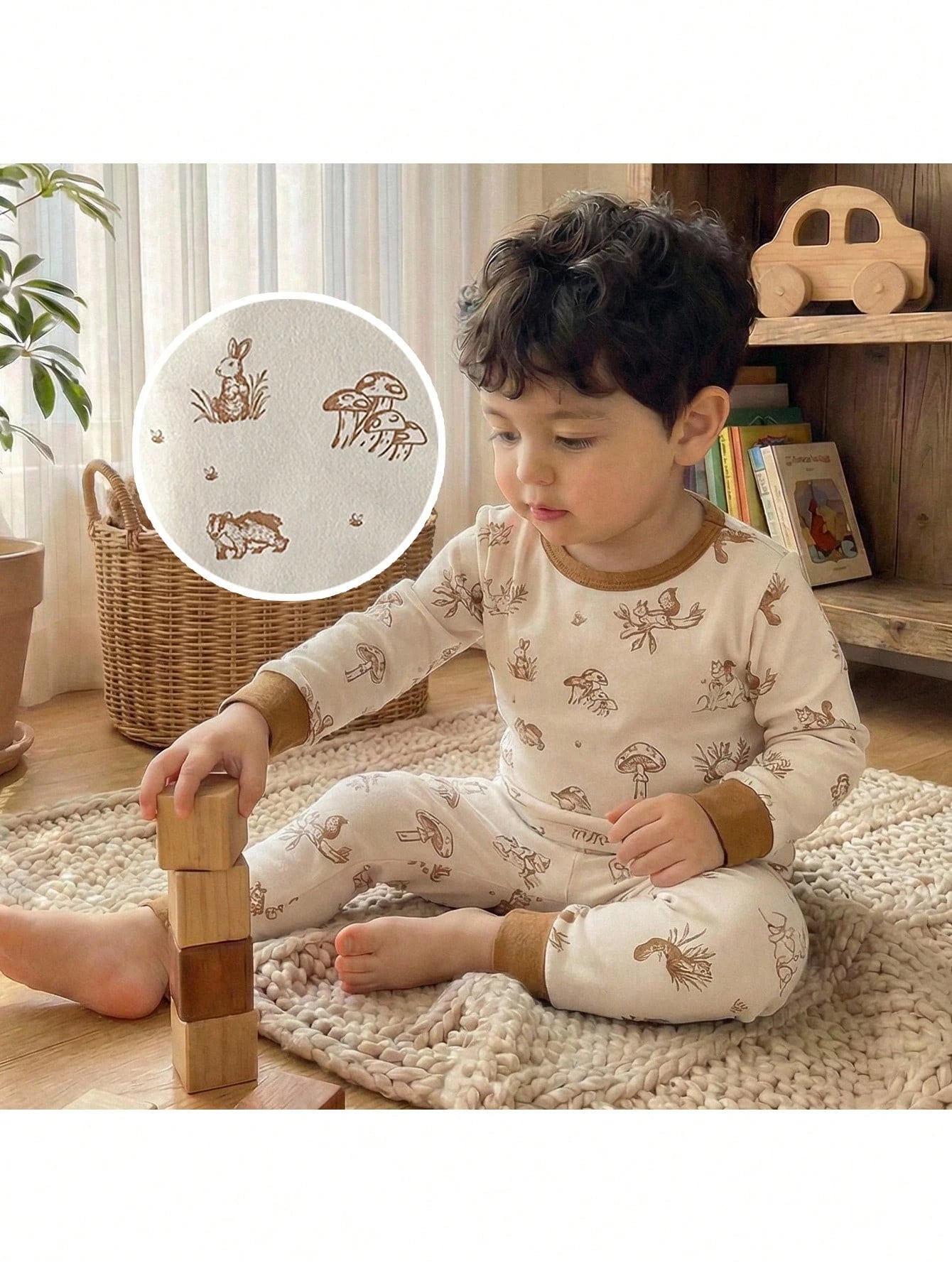 Baby Boy Snug Fit Pajama Cartoon Animal Pattern Knitted Soft Crew Neck Long Sleeve Pullover Top Elastic Waist Long Pants Tight Two Pieces Set