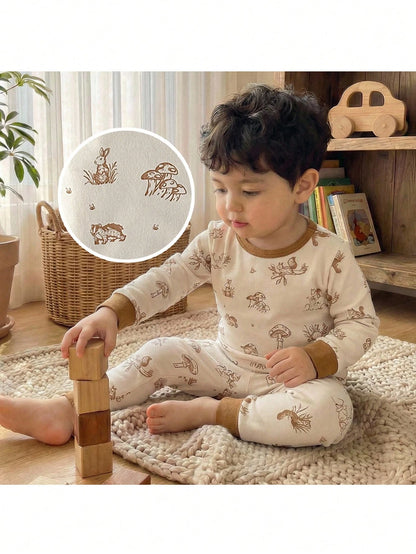 Baby Boy Snug Fit Pajama Cartoon Animal Pattern Knitted Soft Crew Neck Long Sleeve Pullover Top Elastic Waist Long Pants Tight Two Pieces Set