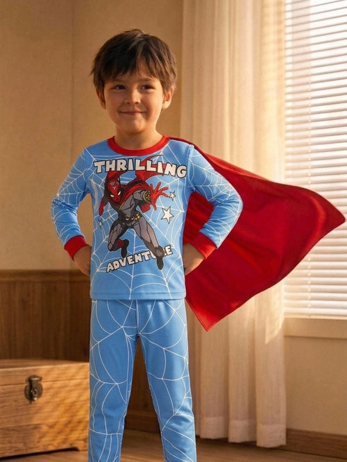 Baby Boy Snug Fit Pajama Cartoon Pattern Crew Neck Long Sleeve Pullover Top Elastic Waist Long Pants Tight 2 Pieces Set,Halloween Fall School