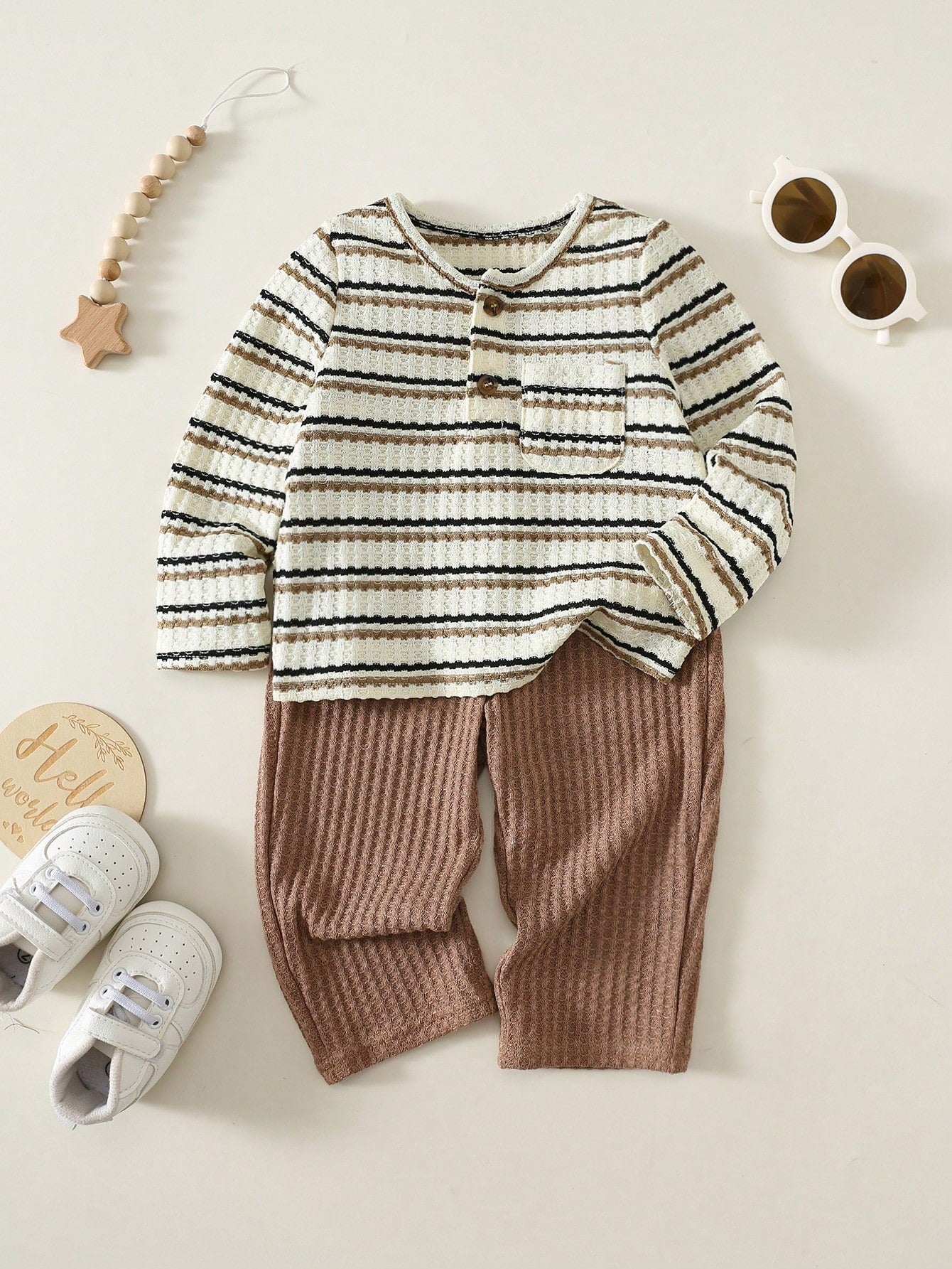 Baby Boy Striped Pattern Knitted Soft Crew Neck Long Sleeve Pullover Top And Elastic Waist Long Pants 2-Piece Set