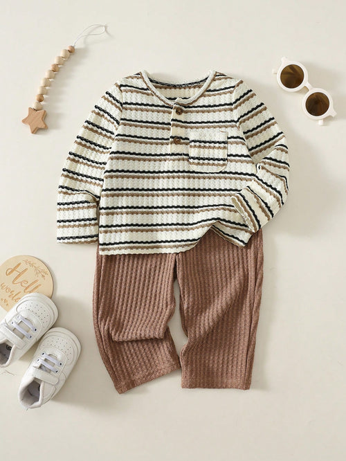 Baby Boy Striped Pattern Knitted Soft Crew Neck Long Sleeve Pullover Top And Elastic Waist Long Pants 2-Piece Set