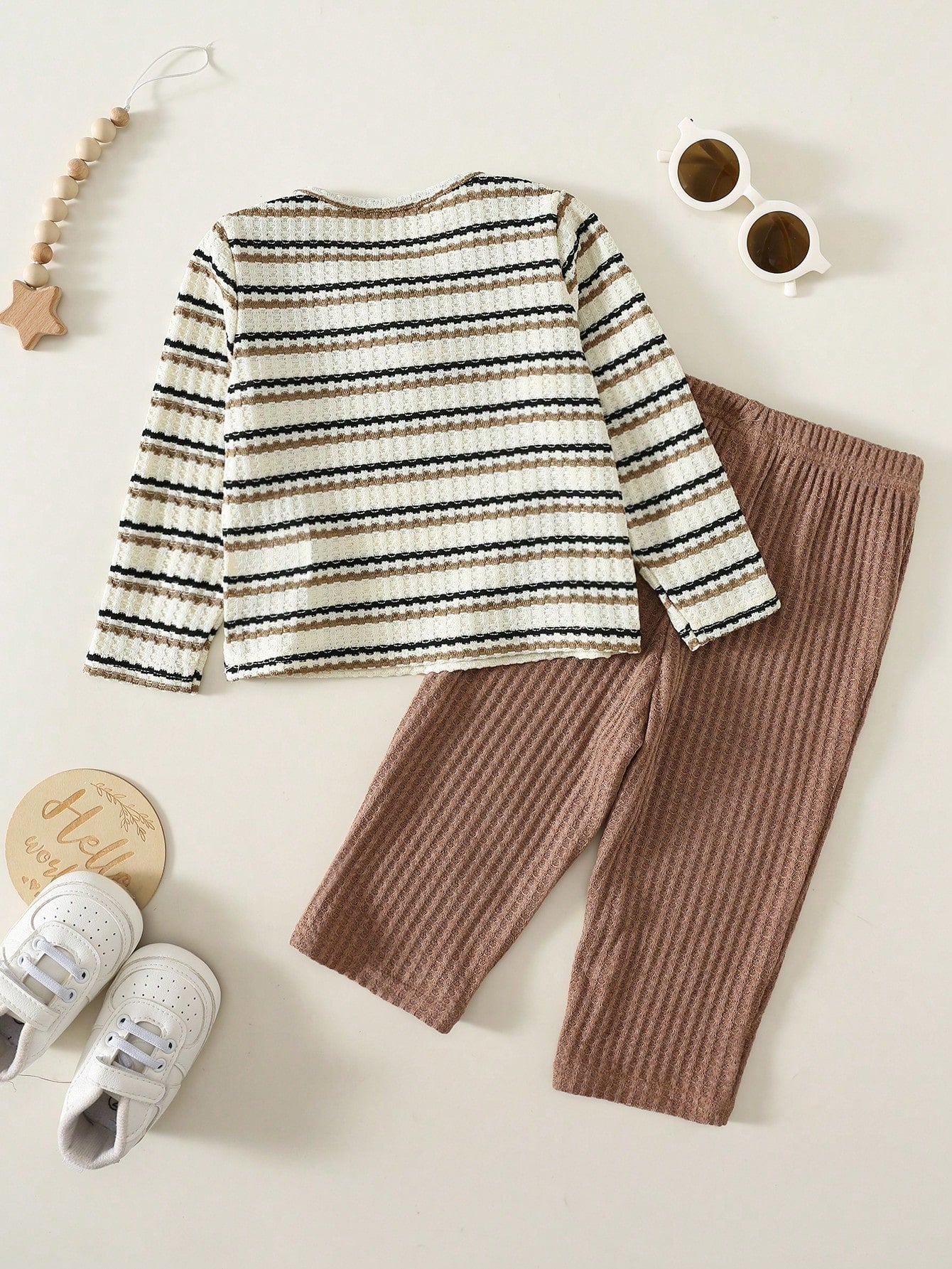 Baby Boy Striped Pattern Knitted Soft Crew Neck Long Sleeve Pullover Top And Elastic Waist Long Pants 2-Piece Set