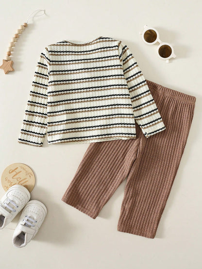 Baby Boy Striped Pattern Knitted Soft Crew Neck Long Sleeve Pullover Top And Elastic Waist Long Pants 2-Piece Set