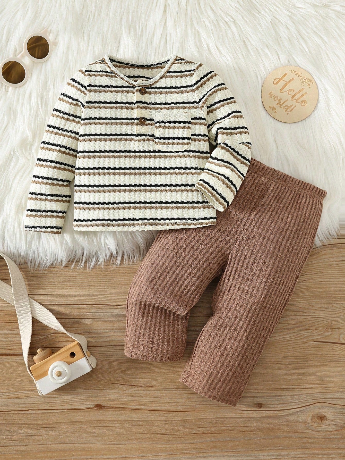 Baby Boy Striped Pattern Knitted Soft Crew Neck Long Sleeve Pullover Top And Elastic Waist Long Pants 2-Piece Set
