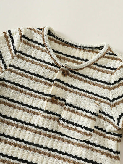 Baby Boy Striped Pattern Knitted Soft Crew Neck Long Sleeve Pullover Top And Elastic Waist Long Pants 2-Piece Set