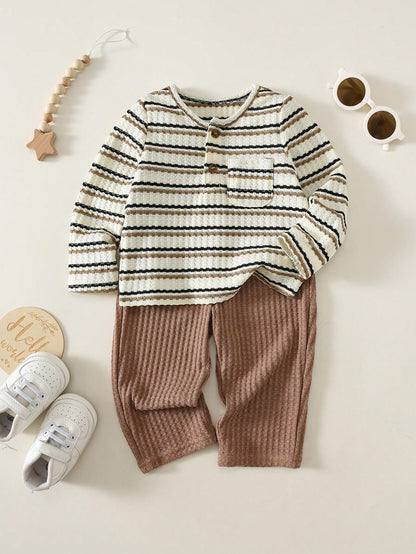 Baby Boy Striped Pattern Knitted Soft Crew Neck Long Sleeve Pullover Top And Elastic Waist Long Pants 2-Piece Set