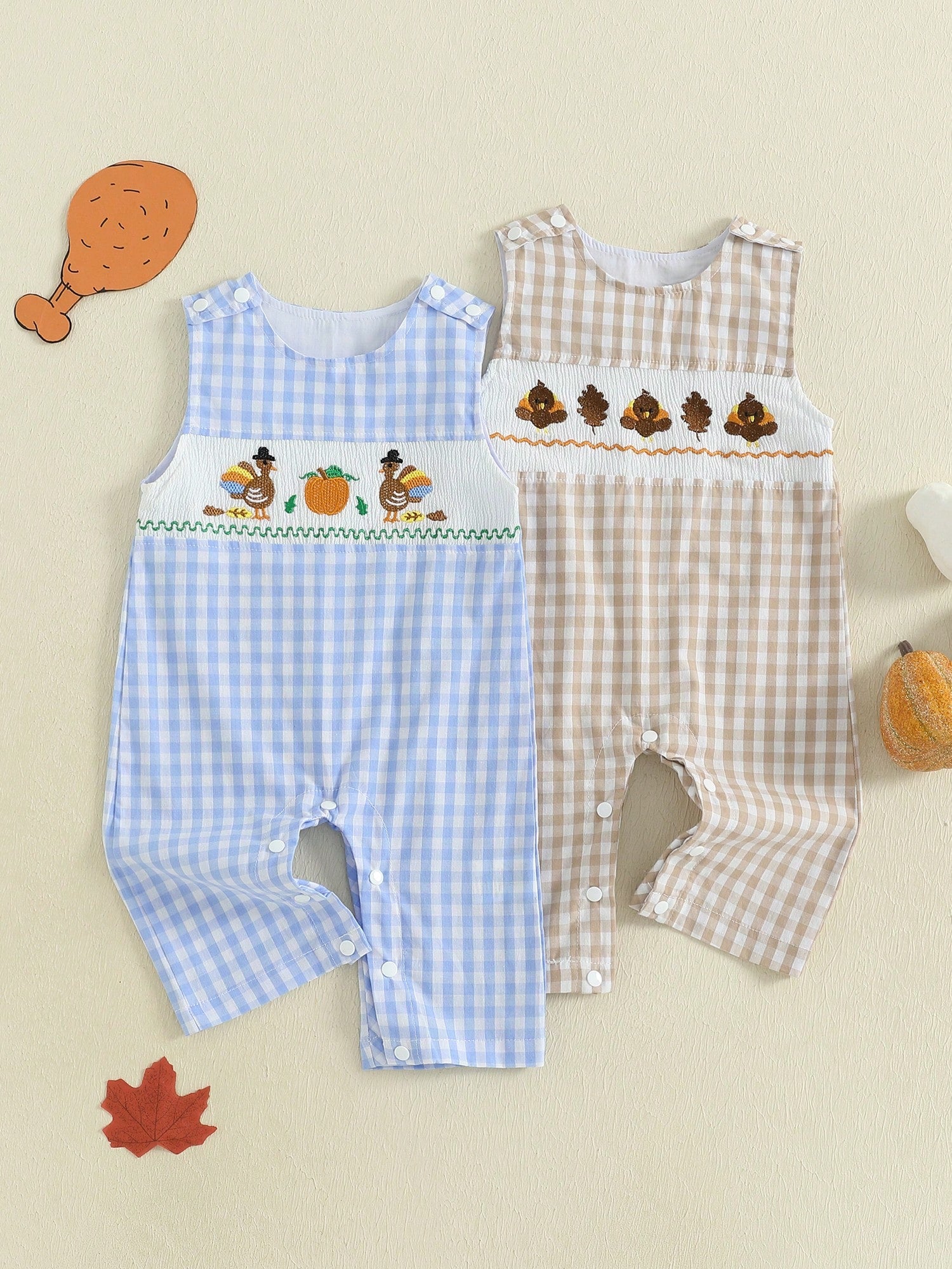 Baby Boy Thanksgiving Plaid Romper Overalls Turkey Pumpkin Embroidery Sleeveless Round Neck Jumpsuit
