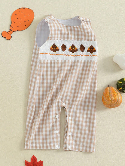 Baby Boy Thanksgiving Plaid Romper Overalls Turkey Pumpkin Embroidery Sleeveless Round Neck Jumpsuit