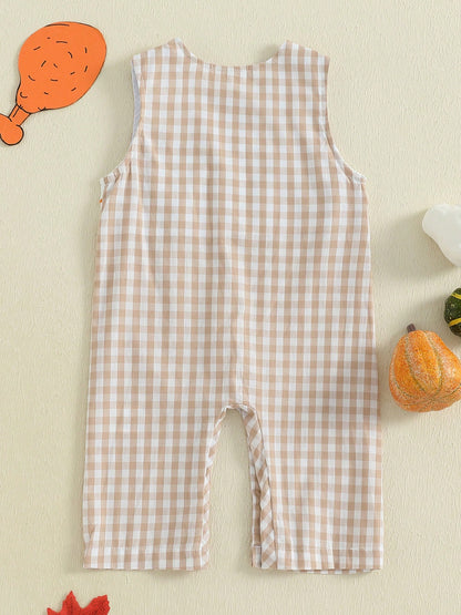 Baby Boy Thanksgiving Plaid Romper Overalls Turkey Pumpkin Embroidery Sleeveless Round Neck Jumpsuit