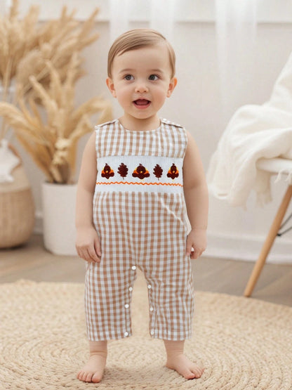 Baby Boy Thanksgiving Plaid Romper Overalls Turkey Pumpkin Embroidery Sleeveless Round Neck Jumpsuit