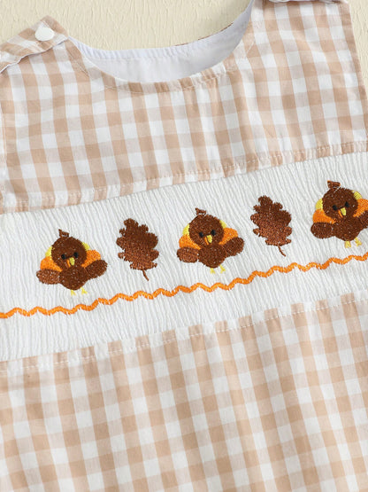 Baby Boy Thanksgiving Plaid Romper Overalls Turkey Pumpkin Embroidery Sleeveless Round Neck Jumpsuit