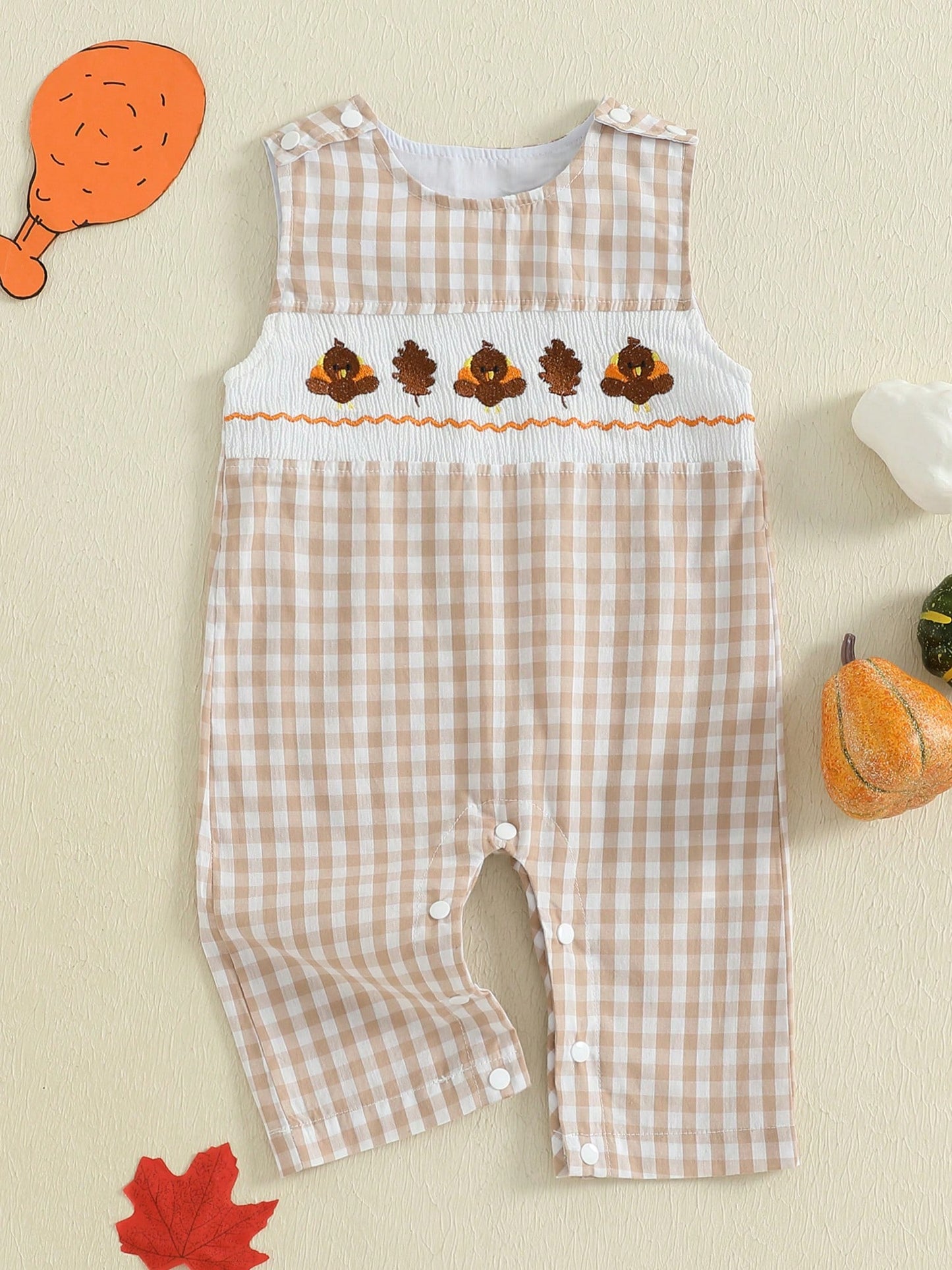 Baby Boy Thanksgiving Plaid Romper Overalls Turkey Pumpkin Embroidery Sleeveless Round Neck Jumpsuit