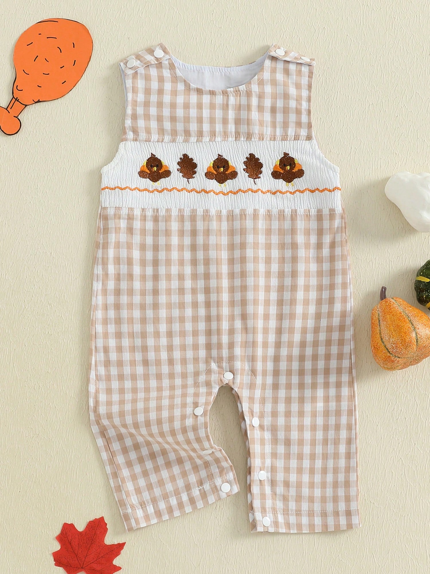 Baby Boy Thanksgiving Plaid Romper Overalls Turkey Pumpkin Embroidery Sleeveless Round Neck Jumpsuit