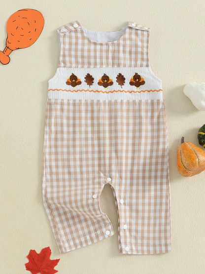 Baby Boy Thanksgiving Plaid Romper Overalls Turkey Pumpkin Embroidery Sleeveless Round Neck Jumpsuit