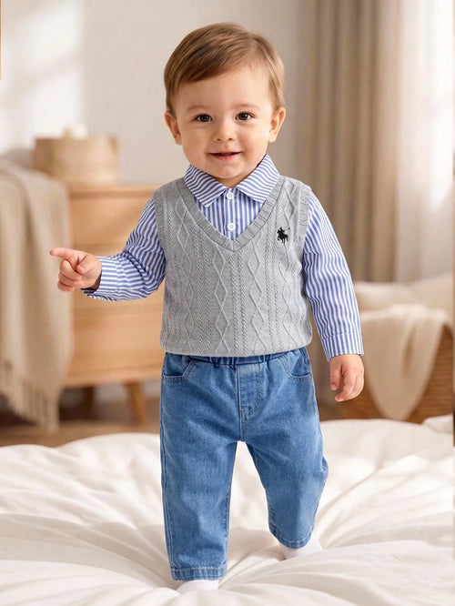 Baby Boys 2pcs/Set School Outfit Autumn New Style Fashion Versatile Cute Pony Embroidery Striped Patchwork Cable Knit Vest 2 In 1 Lapel Long Sleeve Top + Casual Denim Pants Set, Fresh Minimalist Infan