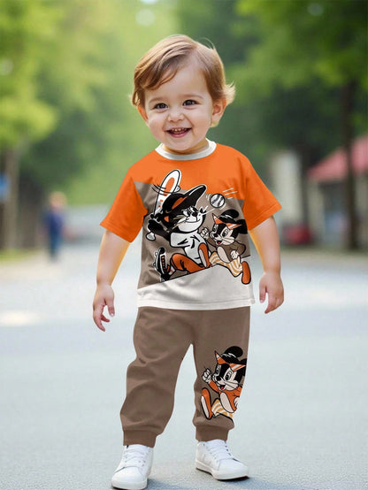 Baby Boys Casual Cartoon Animal Print Colorblock Cute Streetwear Style Sports Crew Neck Short Sleeve T-Shirt And Pants Set Fall