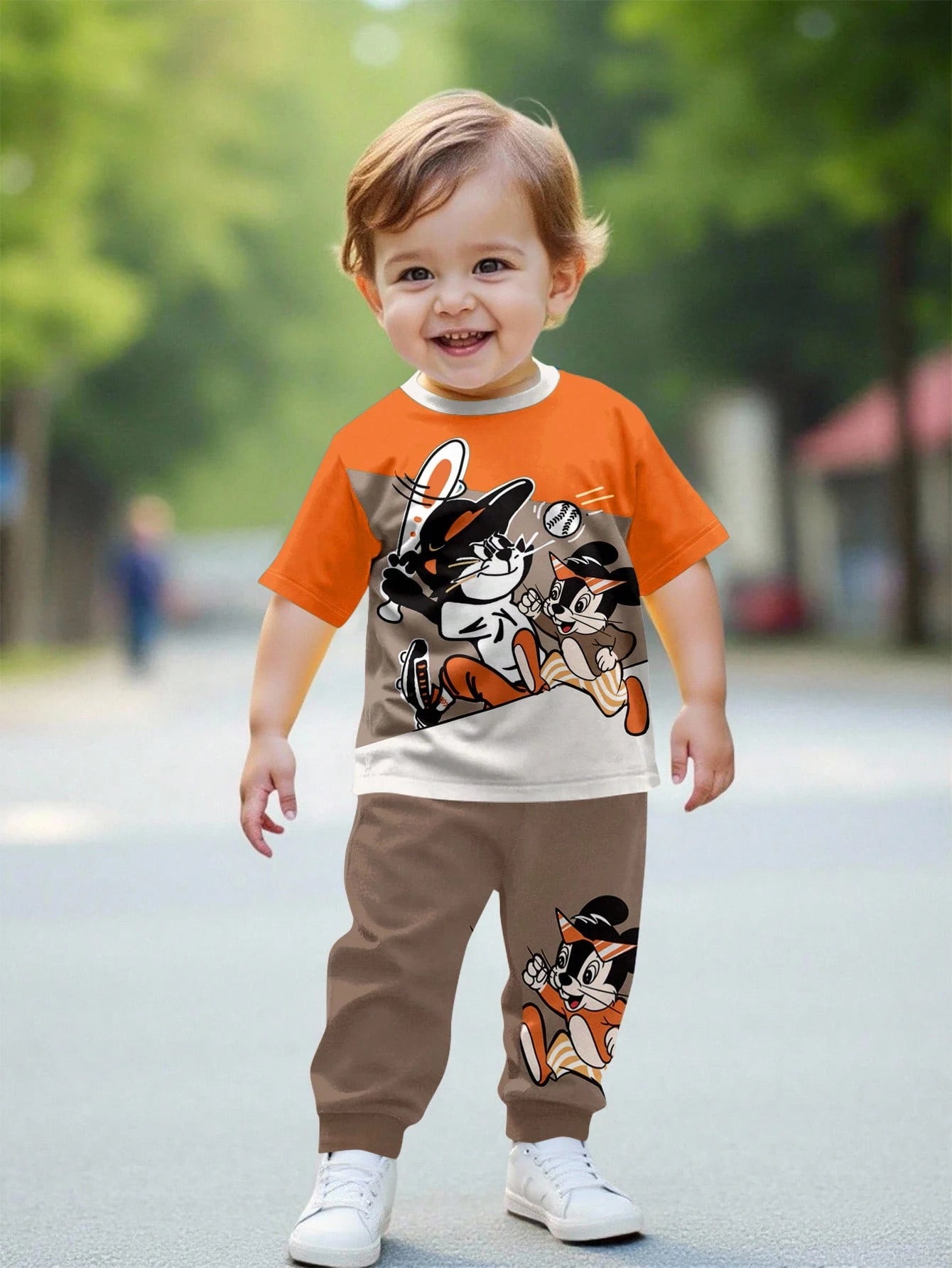 Baby Boys Casual Cartoon Animal Print Colorblock Cute Streetwear Style Sports Crew Neck Short Sleeve T-Shirt And Pants Set Fall