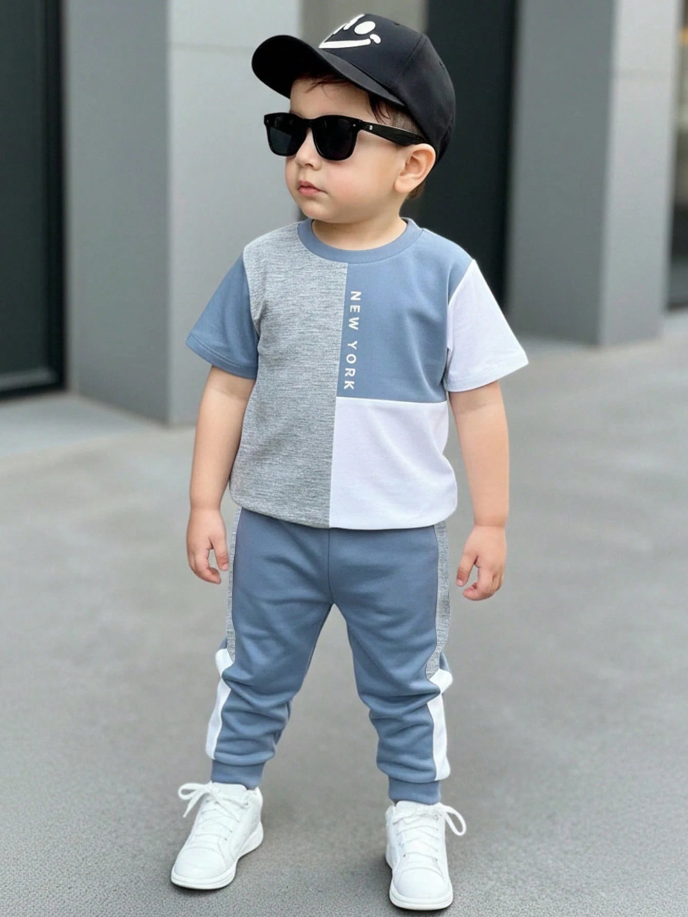 Baby Boys Casual Minimalist Round Neck Short Sleeve Pants Set, Classic Cool Colorblock Patchwork Graphic Print, Classic City Name New York Text Print