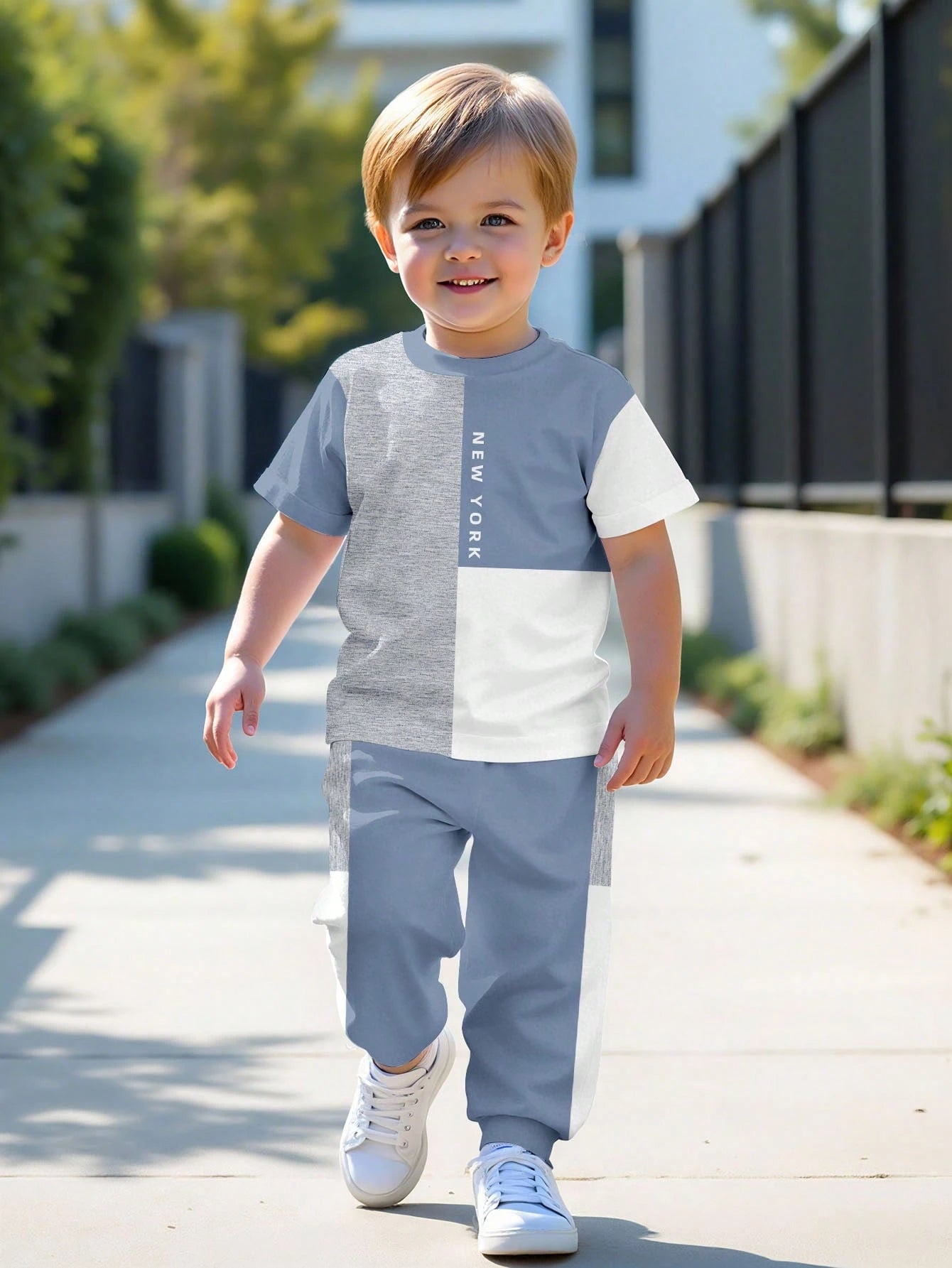 Baby Boys Casual Minimalist Round Neck Short Sleeve Pants Set, Classic Cool Colorblock Patchwork Graphic Print, Classic City Name New York Text Print