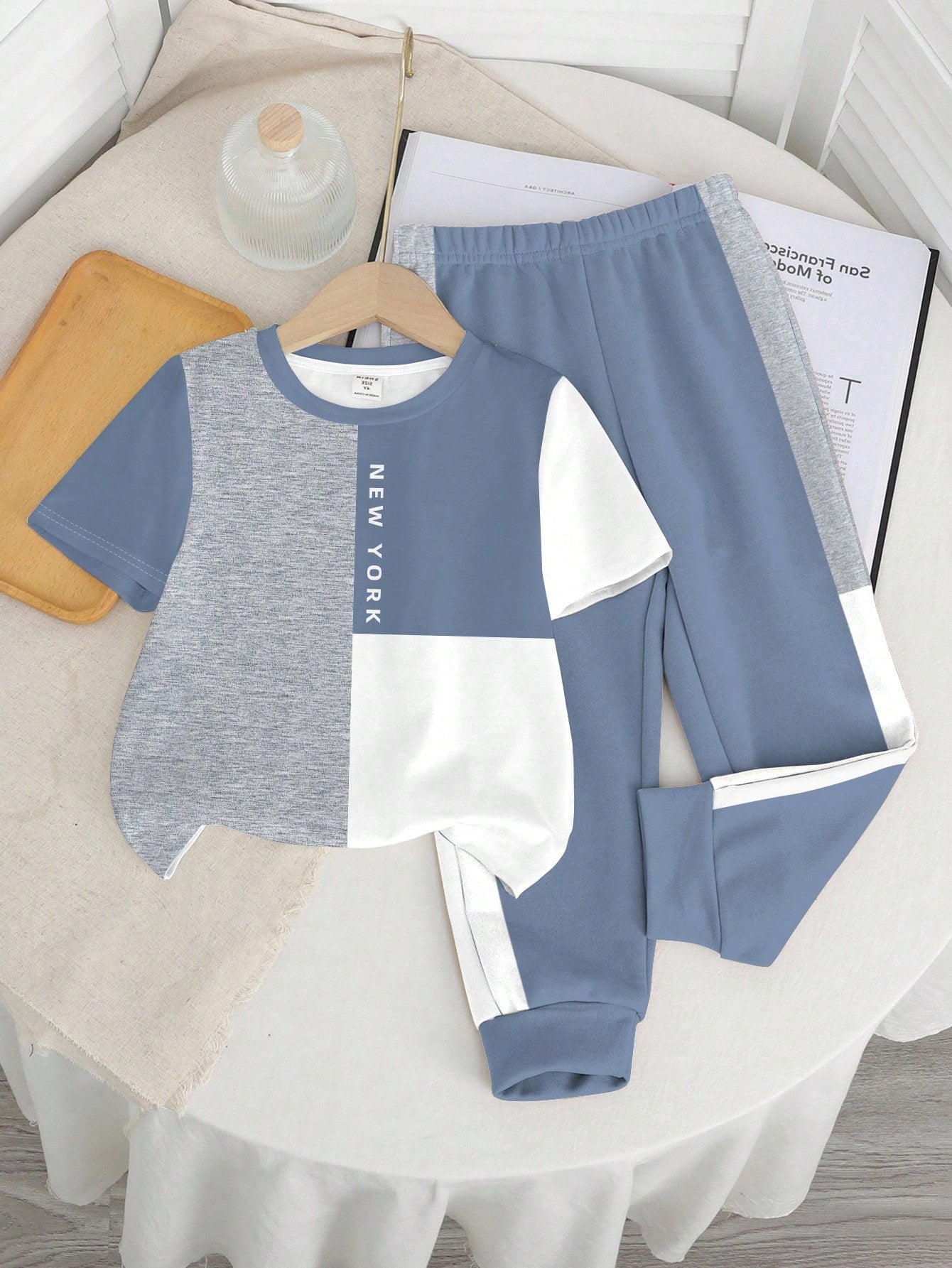 Baby Boys Casual Minimalist Round Neck Short Sleeve Pants Set, Classic Cool Colorblock Patchwork Graphic Print, Classic City Name New York Text Print