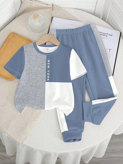 Baby Boys Casual Minimalist Round Neck Short Sleeve Pants Set, Classic Cool Colorblock Patchwork Graphic Print, Classic City Name New York Text Print