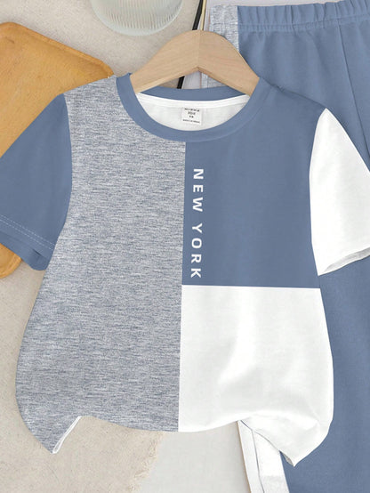 Baby Boys Casual Minimalist Round Neck Short Sleeve Pants Set, Classic Cool Colorblock Patchwork Graphic Print, Classic City Name New York Text Print