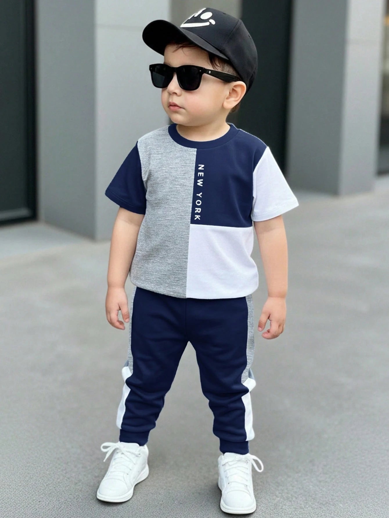 Baby Boys Casual Minimalist Round Neck Short Sleeve Pants Set, Classic Cool Colorblock Patchwork Graphic Print, Classic City Name New York Text Print