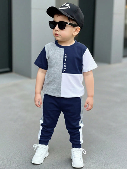 Baby Boys Casual Minimalist Round Neck Short Sleeve Pants Set, Classic Cool Colorblock Patchwork Graphic Print, Classic City Name New York Text Print