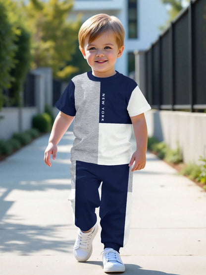Baby Boys Casual Minimalist Round Neck Short Sleeve Pants Set, Classic Cool Colorblock Patchwork Graphic Print, Classic City Name New York Text Print