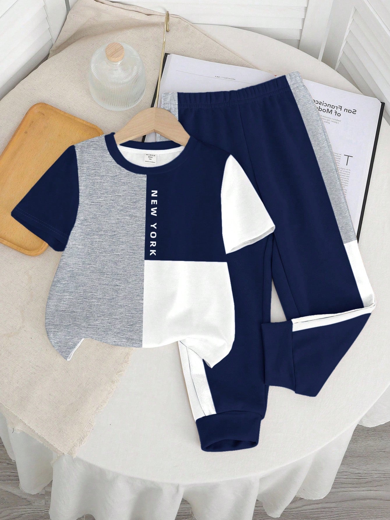 Baby Boys Casual Minimalist Round Neck Short Sleeve Pants Set, Classic Cool Colorblock Patchwork Graphic Print, Classic City Name New York Text Print
