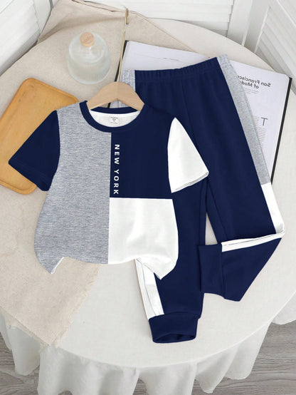 Baby Boys Casual Minimalist Round Neck Short Sleeve Pants Set, Classic Cool Colorblock Patchwork Graphic Print, Classic City Name New York Text Print