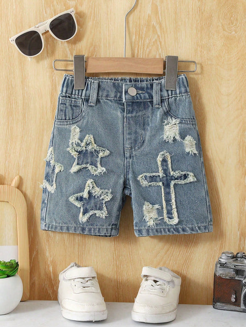 Baby Boys' Denim Shorts,Light Blue,Summer,Casual Soft Cotton Shorts With Star & Cross Embroidered,Elastic Waist Faux Chain,Collegiate Street Fashion