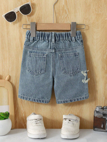 Baby Boys' Denim Shorts,Light Blue,Summer,Casual Soft Cotton Shorts With Star & Cross Embroidered,Elastic Waist Faux Chain,Collegiate Street Fashion