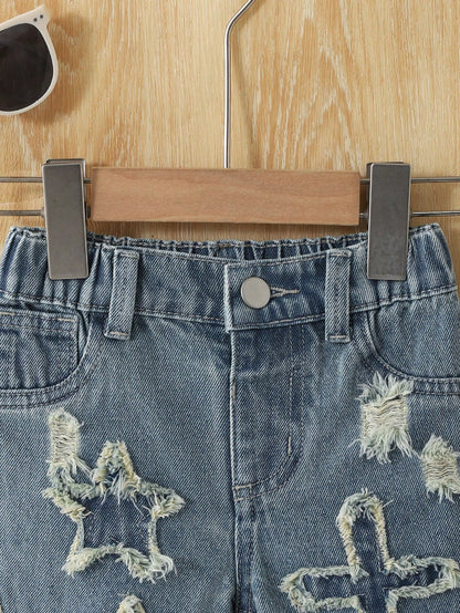 Baby Boys' Denim Shorts,Light Blue,Summer,Casual Soft Cotton Shorts With Star & Cross Embroidered,Elastic Waist Faux Chain,Collegiate Street Fashion