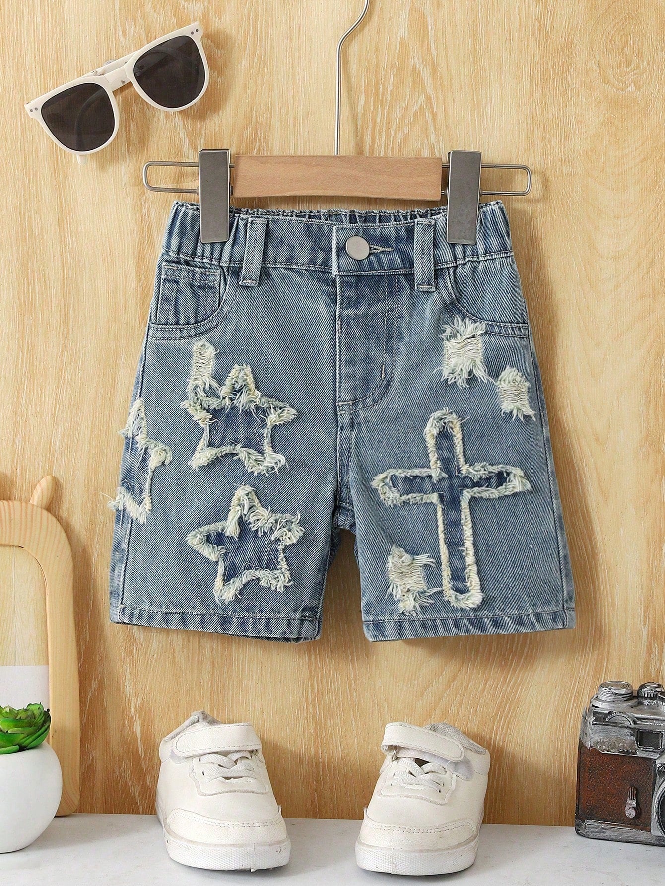 Baby Boys' Denim Shorts,Light Blue,Summer,Casual Soft Cotton Shorts With Star & Cross Embroidered,Elastic Waist Faux Chain,Collegiate Street Fashion