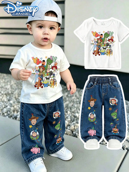 Baby Boys Disney Toy Story Cartoon 2 Piece Outfit, Short Sleeve Party Character Print Tee & Wide Leg Denim Jeans Toddler Summer Daily Matching Outfit