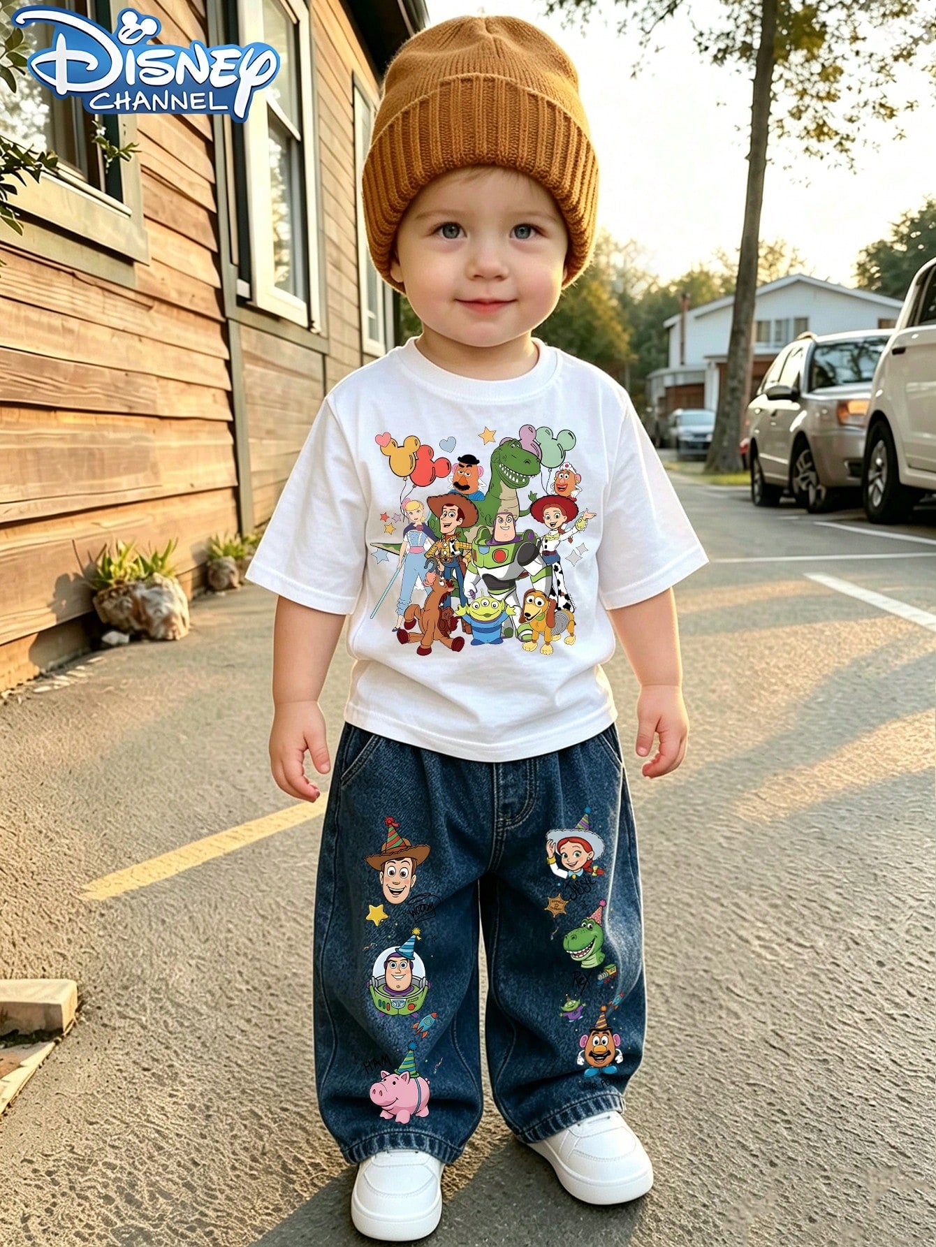 Baby Boys Disney Toy Story Cartoon 2 Piece Outfit, Short Sleeve Party Character Print Tee & Wide Leg Denim Jeans Toddler Summer Daily Matching Outfit