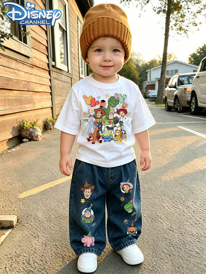 Baby Boys Disney Toy Story Cartoon 2 Piece Outfit, Short Sleeve Party Character Print Tee & Wide Leg Denim Jeans Toddler Summer Daily Matching Outfit