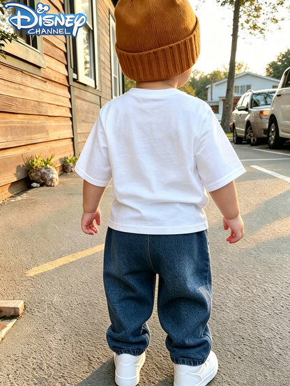 Baby Boys Disney Toy Story Cartoon 2 Piece Outfit, Short Sleeve Party Character Print Tee & Wide Leg Denim Jeans Toddler Summer Daily Matching Outfit