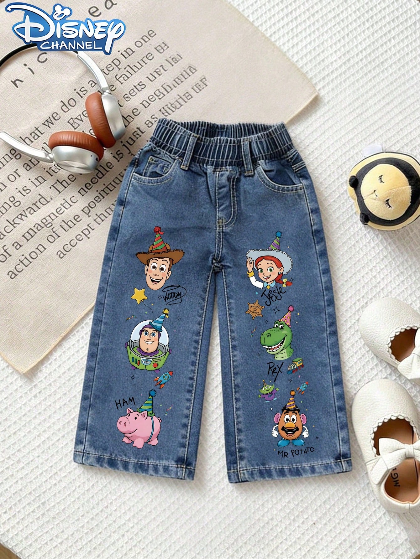 Baby Boys Disney Toy Story Cartoon 2 Piece Outfit, Short Sleeve Party Character Print Tee & Wide Leg Denim Jeans Toddler Summer Daily Matching Outfit