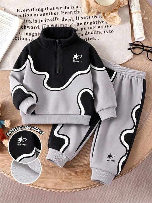 Baby Boys Fall Black Grey White Wave Print Star Sweatsuit Half Zip Loose Long Sleeve Set Back To School Casual Sporty Outfits