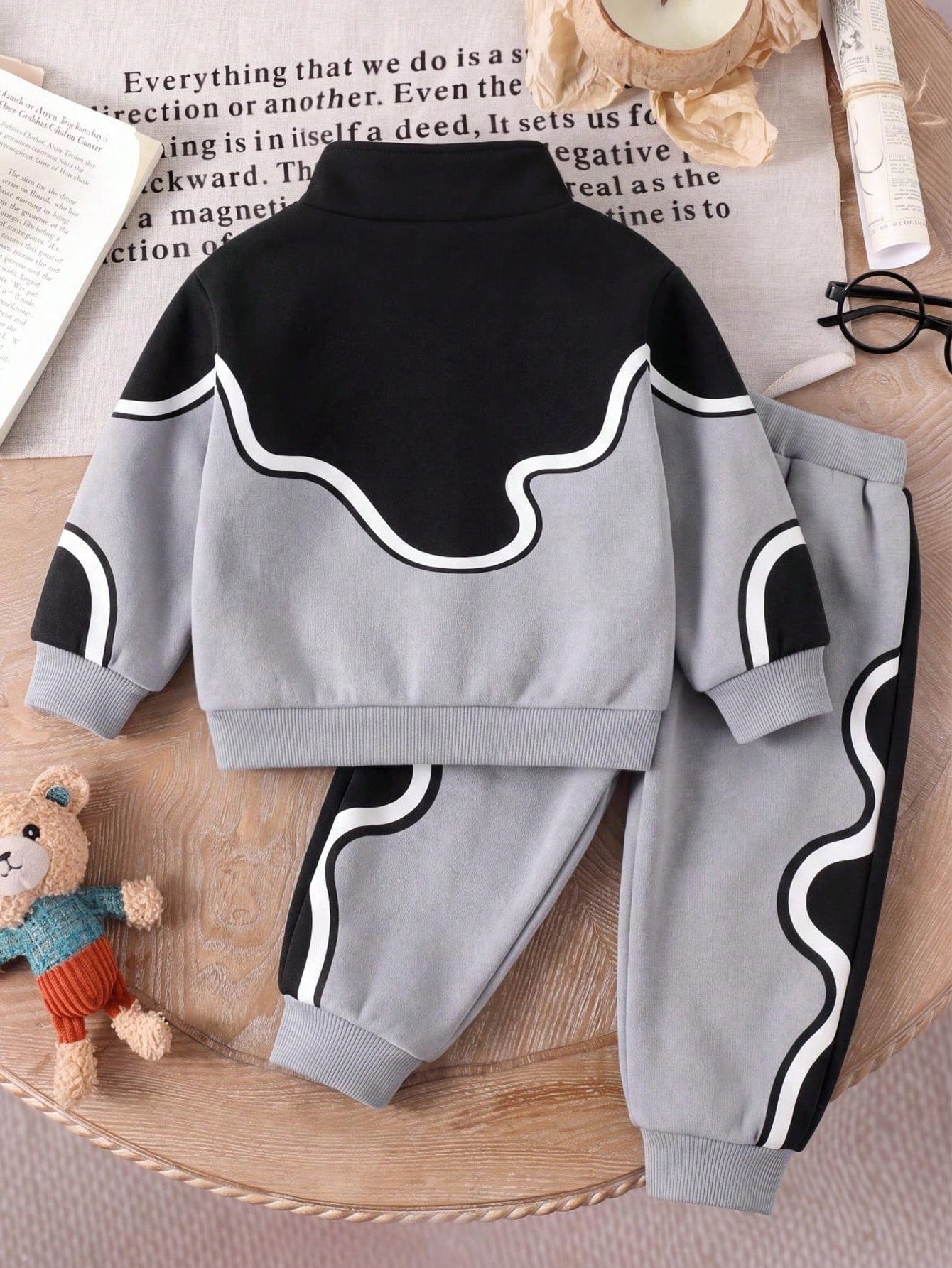 Baby Boys Fall Black Grey White Wave Print Star Sweatsuit Half Zip Loose Long Sleeve Set Back To School Casual Sporty Outfits
