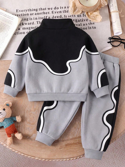 Baby Boys Fall Black Grey White Wave Print Star Sweatsuit Half Zip Loose Long Sleeve Set Back To School Casual Sporty Outfits