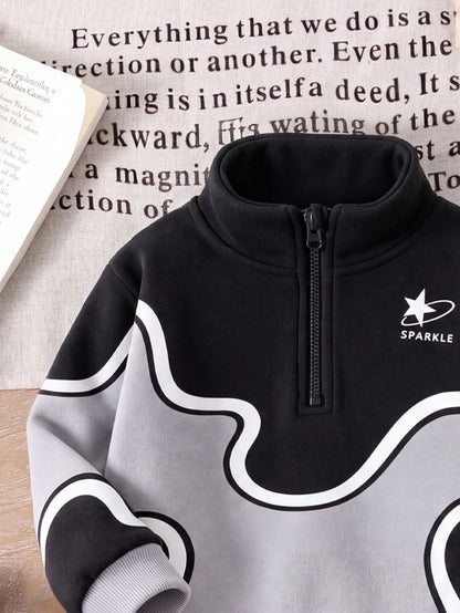 Baby Boys Fall Black Grey White Wave Print Star Sweatsuit Half Zip Loose Long Sleeve Set Back To School Casual Sporty Outfits