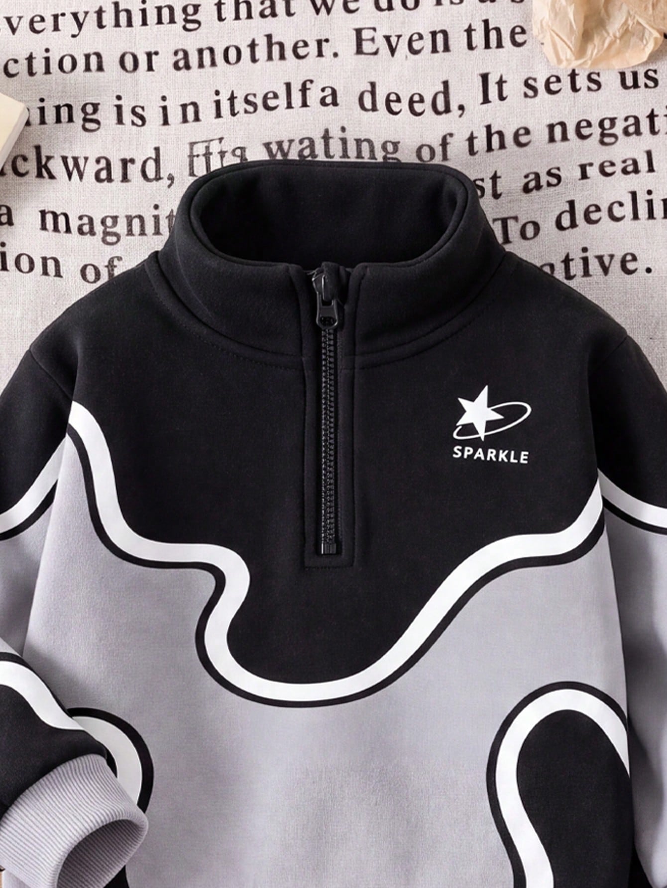 Baby Boys Fall Black Grey White Wave Print Star Sweatsuit Half Zip Loose Long Sleeve Set Back To School Casual Sporty Outfits