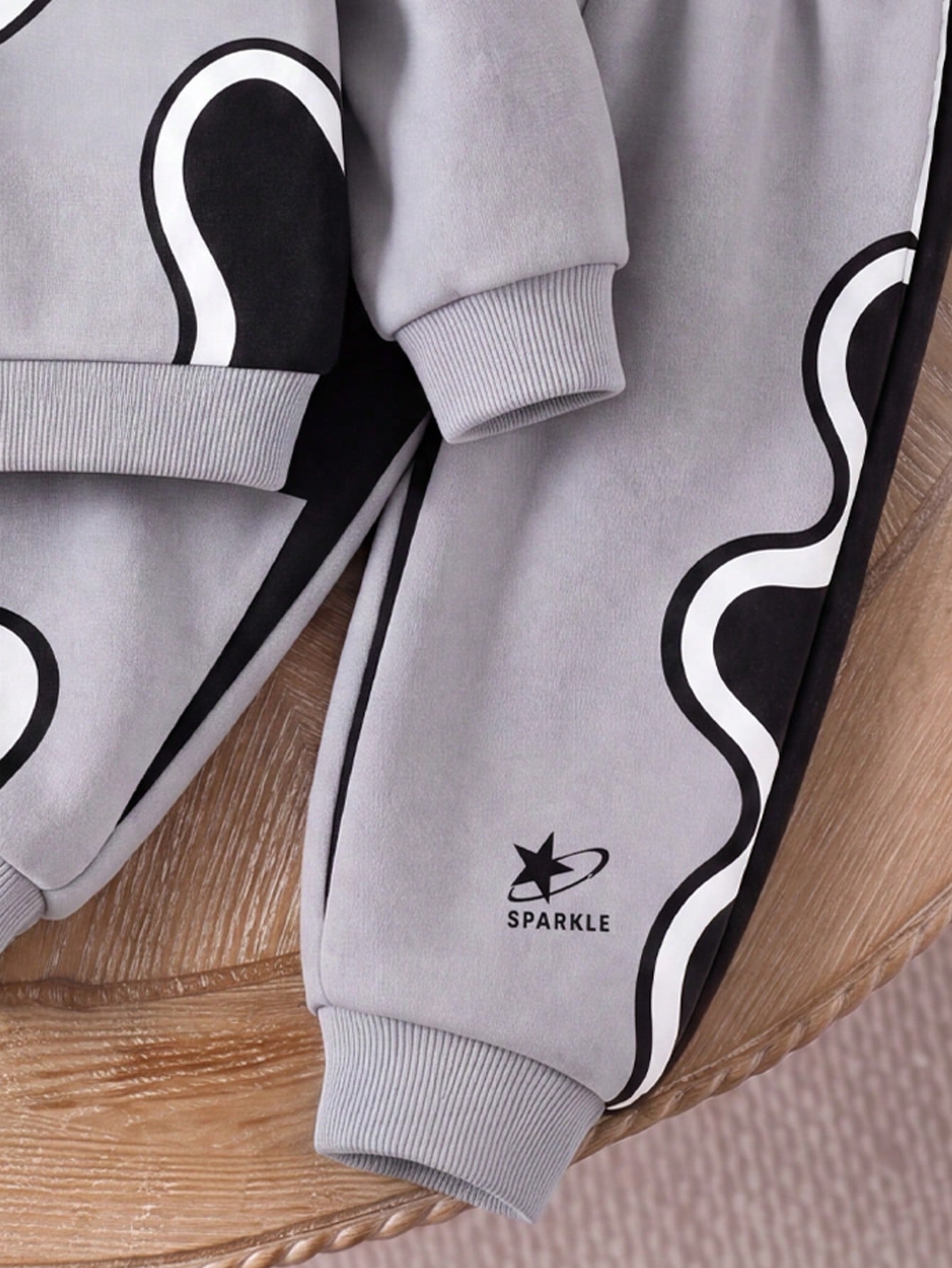 Baby Boys Fall Black Grey White Wave Print Star Sweatsuit Half Zip Loose Long Sleeve Set Back To School Casual Sporty Outfits
