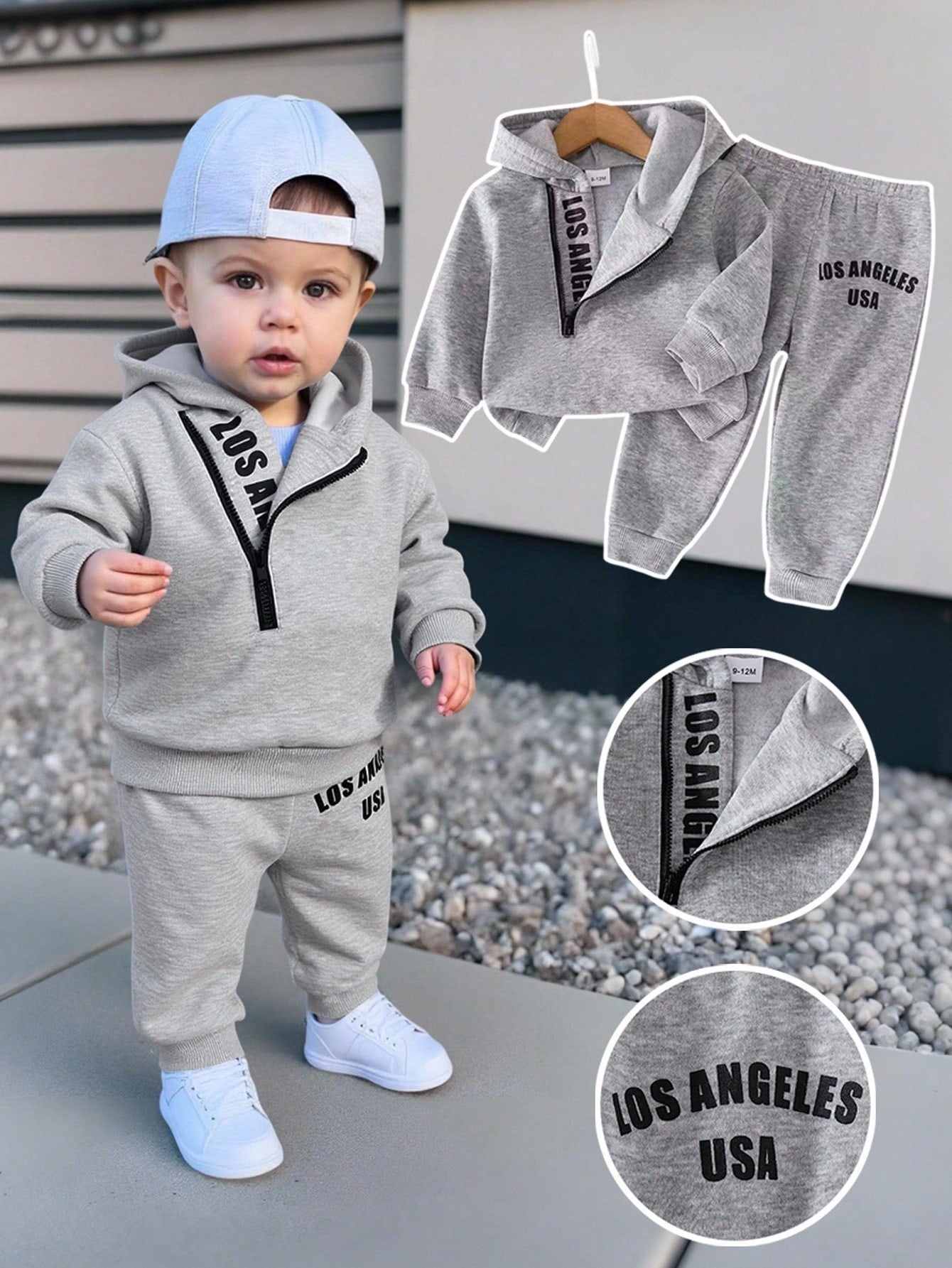 Baby Boys Fall Black Grey White Wave Print Star Sweatsuit Half Zip Loose Long Sleeve Set Back To School Casual Sporty Outfits