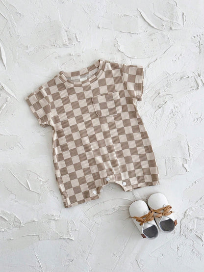 Baby Boys/Girls Checkerboard Casual Minimalist Short Sleeve Rompers, Summer