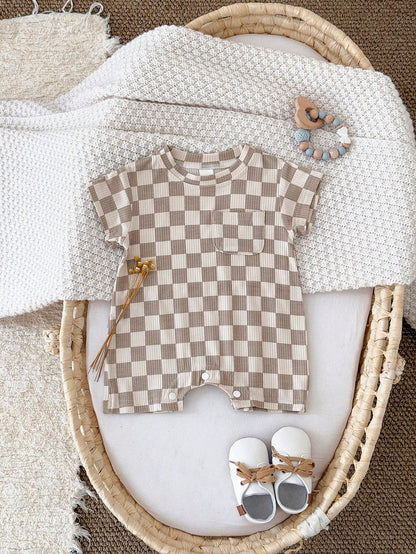 Baby Boys/Girls Checkerboard Casual Minimalist Short Sleeve Rompers, Summer