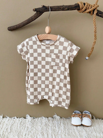 Baby Boys/Girls Checkerboard Casual Minimalist Short Sleeve Rompers, Summer